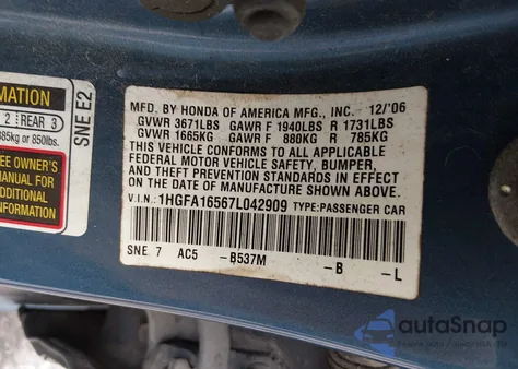 2007 Honda Civic Lx from USA, damaged, VIN 1HGFA16567L042909
